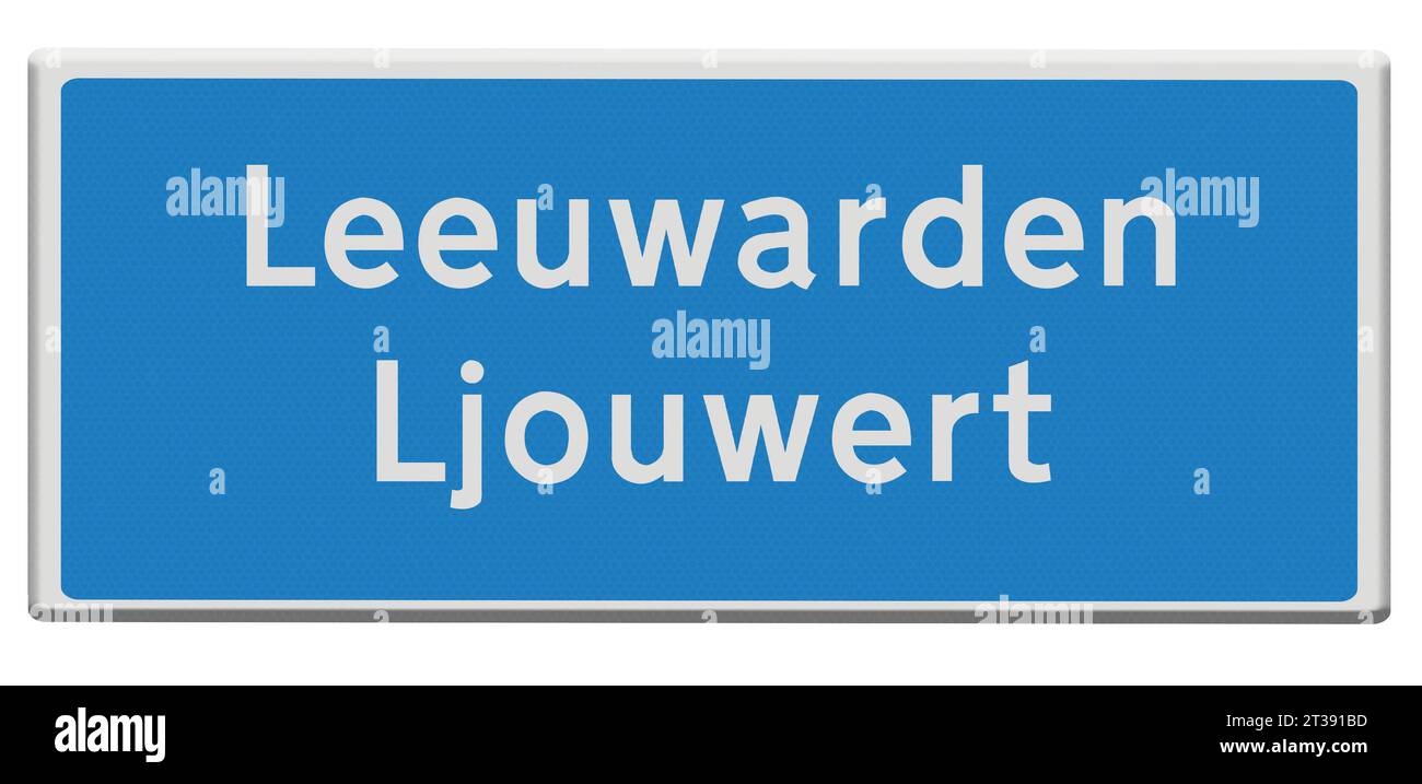 Digital composition. Road sign for the town of Leeuwarden/Ljouwert in Dutch and Fries/Frisian languages. Leeuwarden/Ljouwert is one of the cities on the legendary Elfstedentocht Eleven Cities tour skating race which takes participants almost 200 kilometers through the Frisian countryside. stadsnaambord, naambord, bord, Credit: Imago/Alamy Live News Stock Photo
