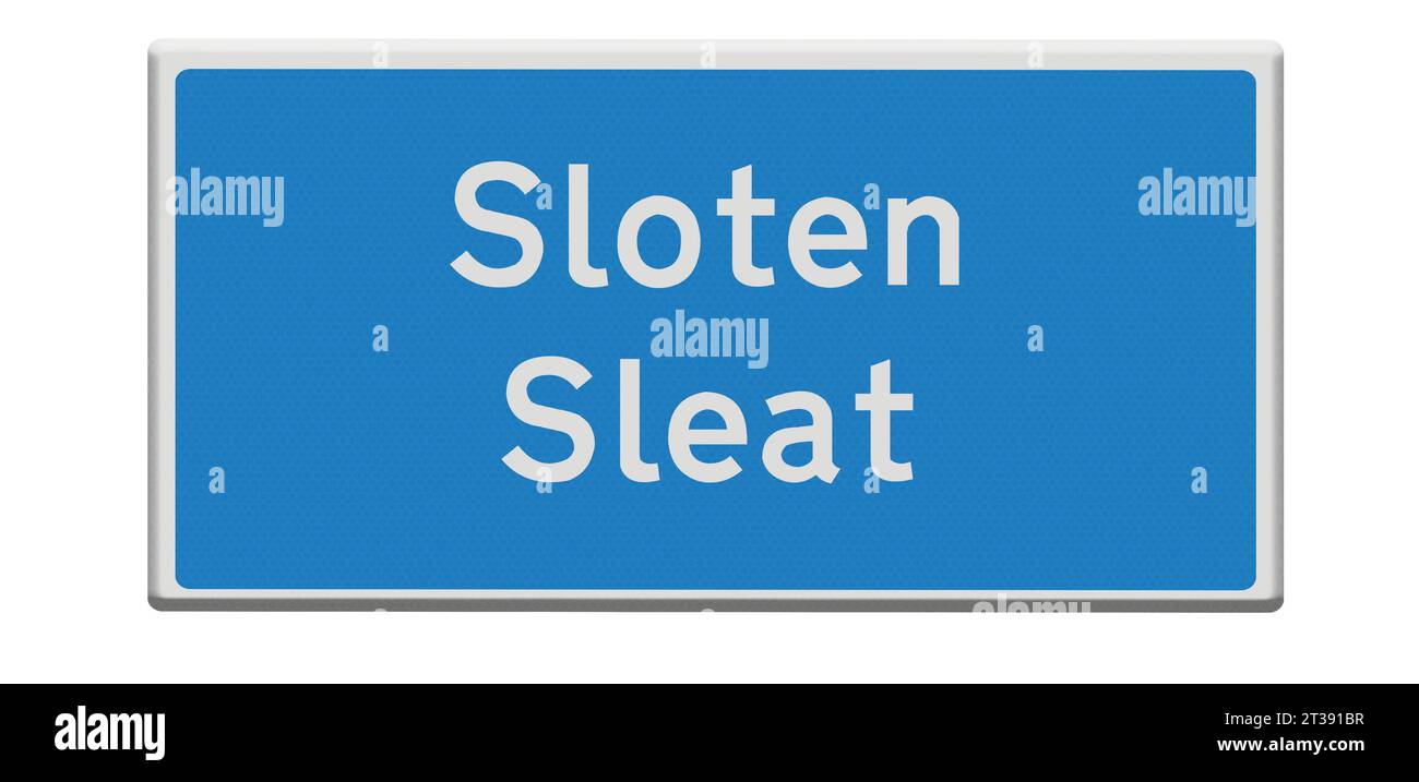 Digital composition. Road sign for the town of Sloten/Sleat in Dutch and Fries/Frisian languages. Sloten is one of the cities on the legendary Elfstedentocht Eleven Cities tour skating race which takes participants almost 200 kilometers through the Frisian countryside. stadsnaambord, naambord, bord, Credit: Imago/Alamy Live News Stock Photo