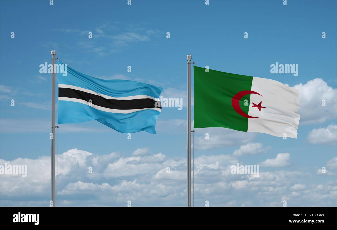 Botswana and Algeria flags waving together in the wind on blue cloudy ...