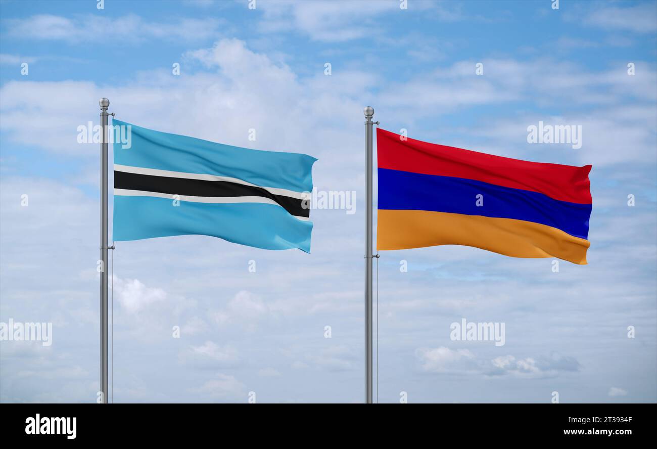 Armenia and Botswana flags waving together in the wind on blue cloudy ...