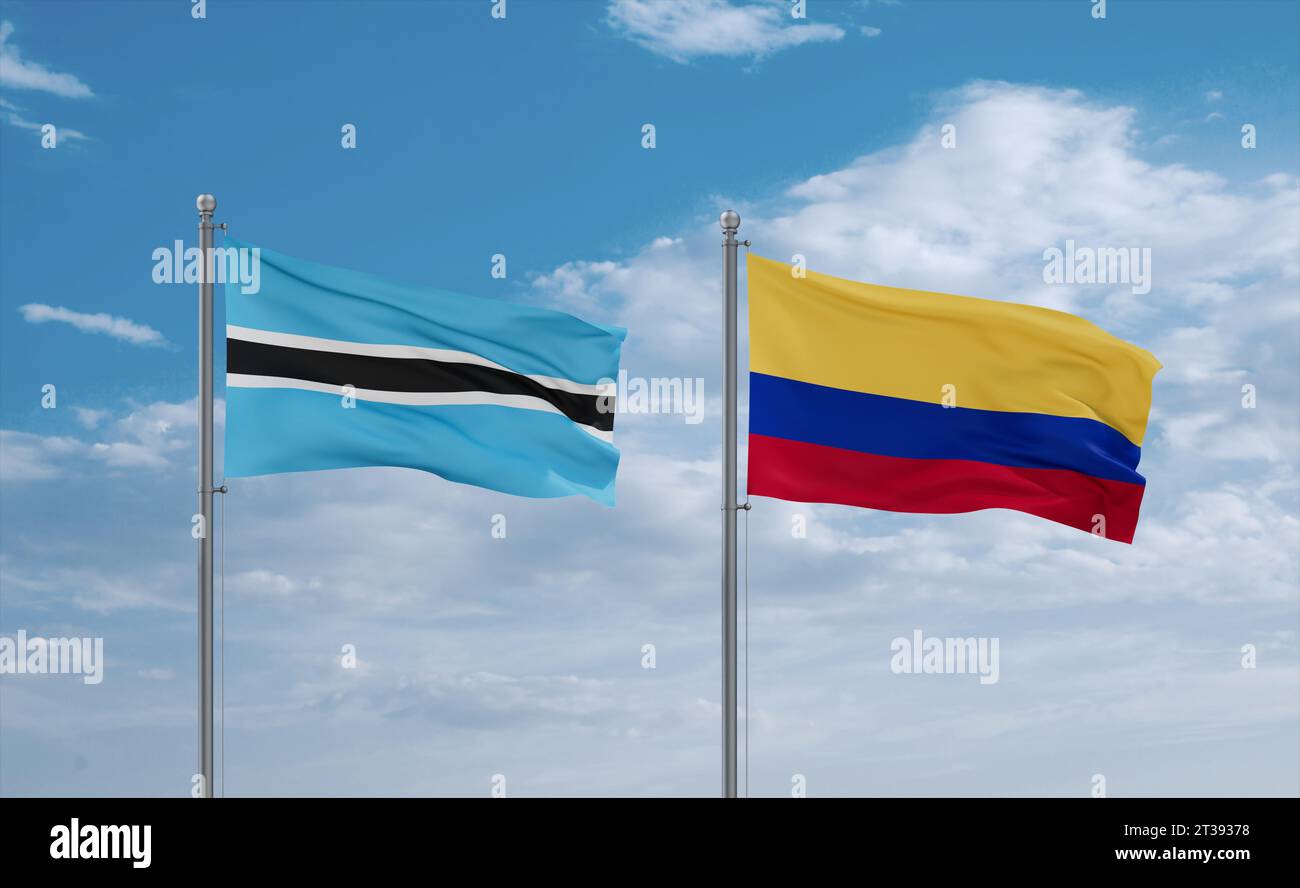 Colombia and Botswana flags waving together in the wind on blue cloudy ...
