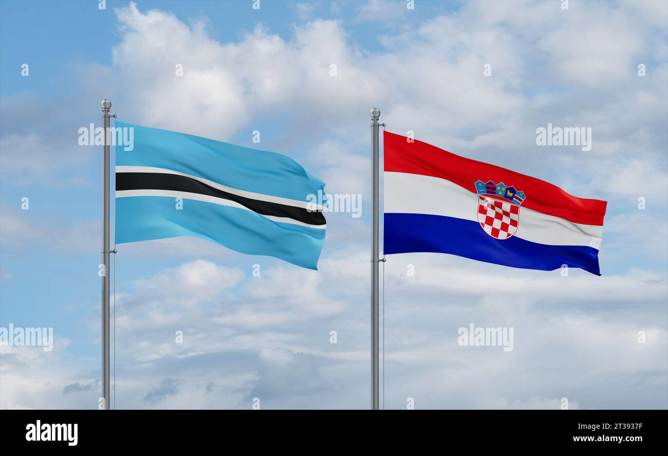 Croatia and Botswana flags waving together in the wind on blue cloudy ...