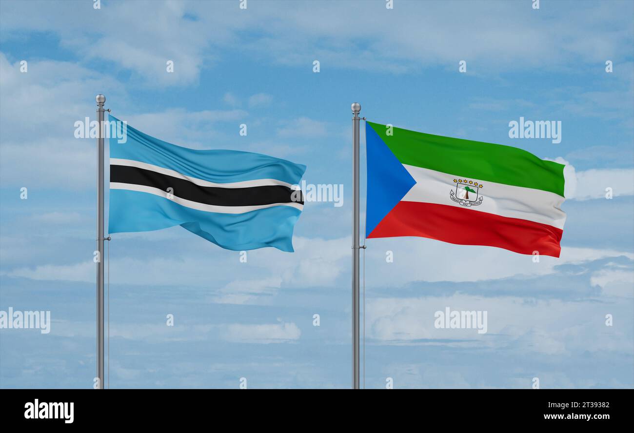 Equatorial Guinea and Botswana flags waving together on blue cloudy sky ...