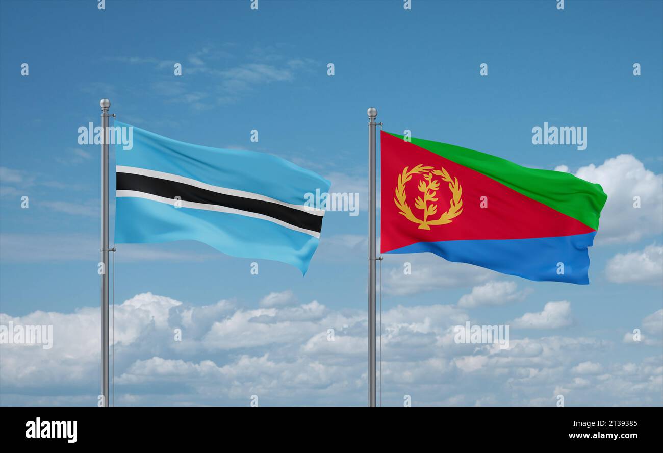 Eritrea and Botswana flags waving together in the wind on blue cloudy ...