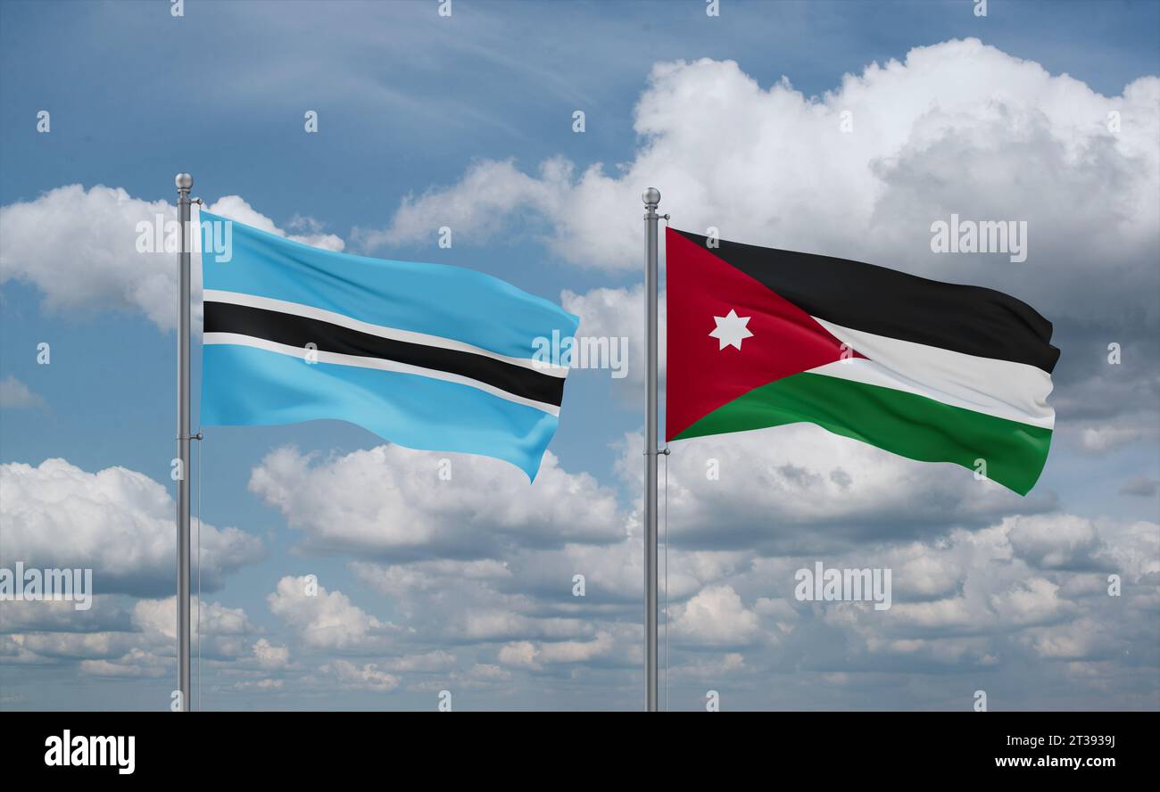 Jordan and Botswana flags waving together in the wind on blue cloudy ...