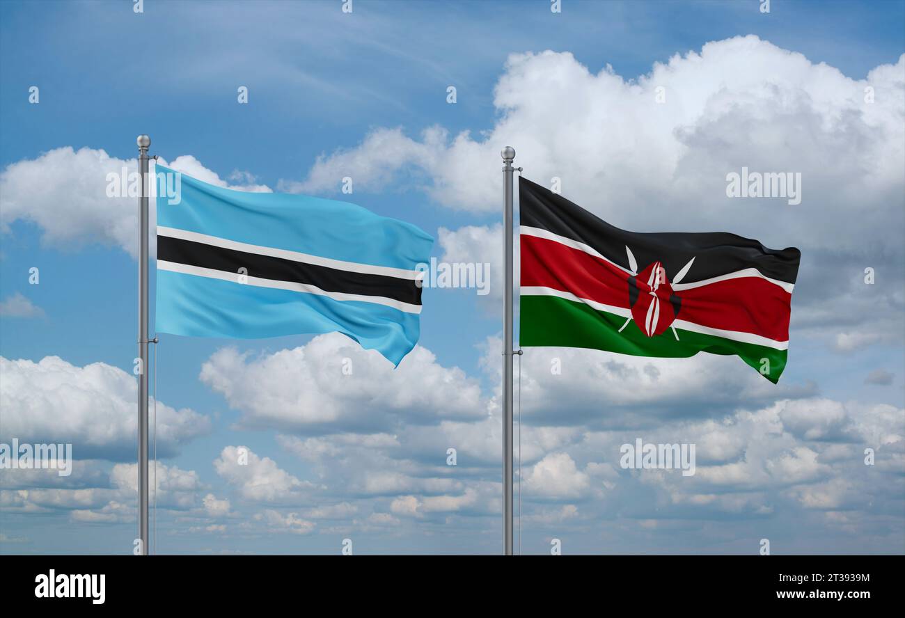 Kenya and Botswana flags waving together on blue cloudy sky, two ...