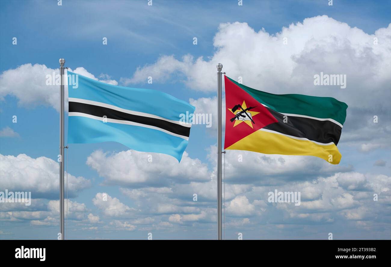 Mozambique and Botswana flags waving together in the wind on blue ...