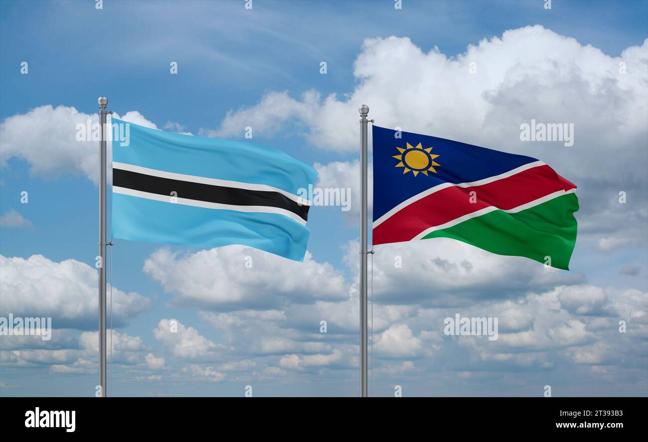 Namibia and Botswana flags waving together in the wind on blue cloudy ...