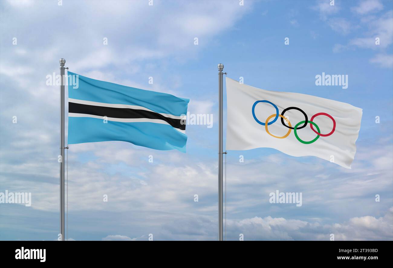 Olympic Games and Botswana flags waving together in the wind on blue ...