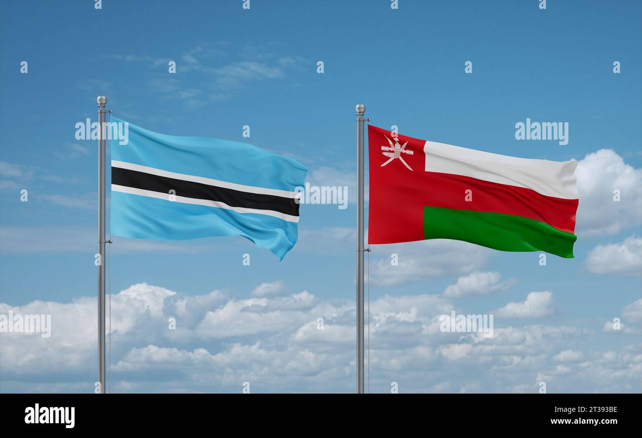 Oman and Botswana flags waving together in the wind on blue cloudy sky ...