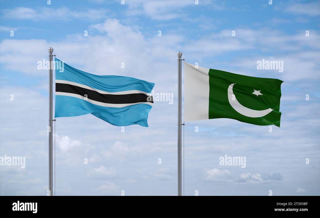 Pakistan and Botswana flags waving together on blue cloudy sky, two ...