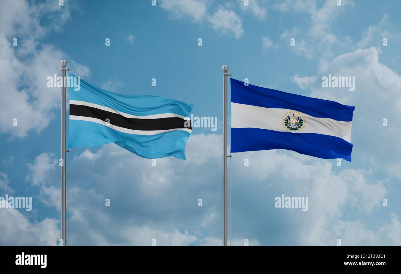 Republic of El Salvador and Botswana flags waving together in the wind ...