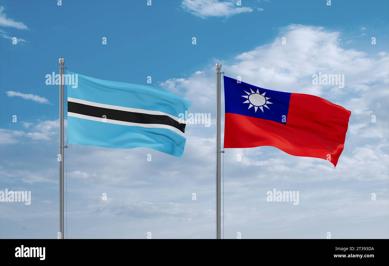 Taiwan and Botswana flags waving together in the wind on blue cloudy ...