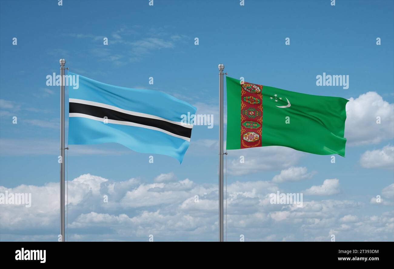 Turkmenistan and Botswana flags waving together in the wind on blue ...