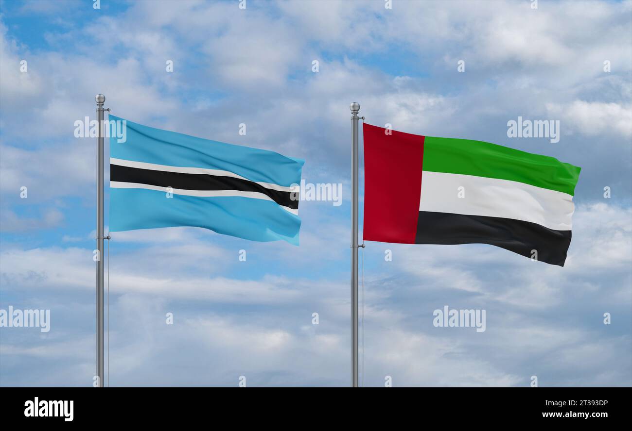 United Arab Emirates and Botswana flags waving together in the wind on ...