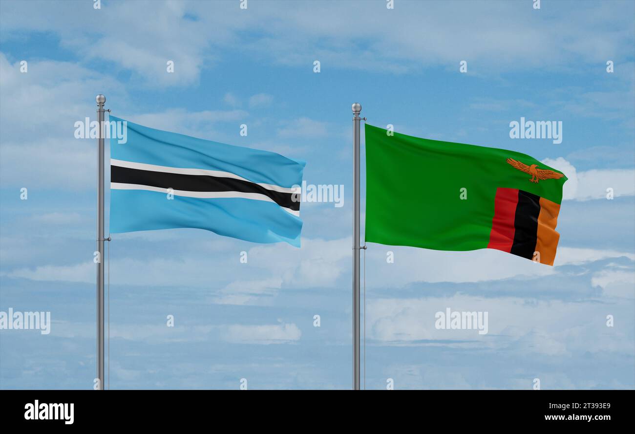 Zambia and Botswana flags waving together in the wind on blue cloudy ...