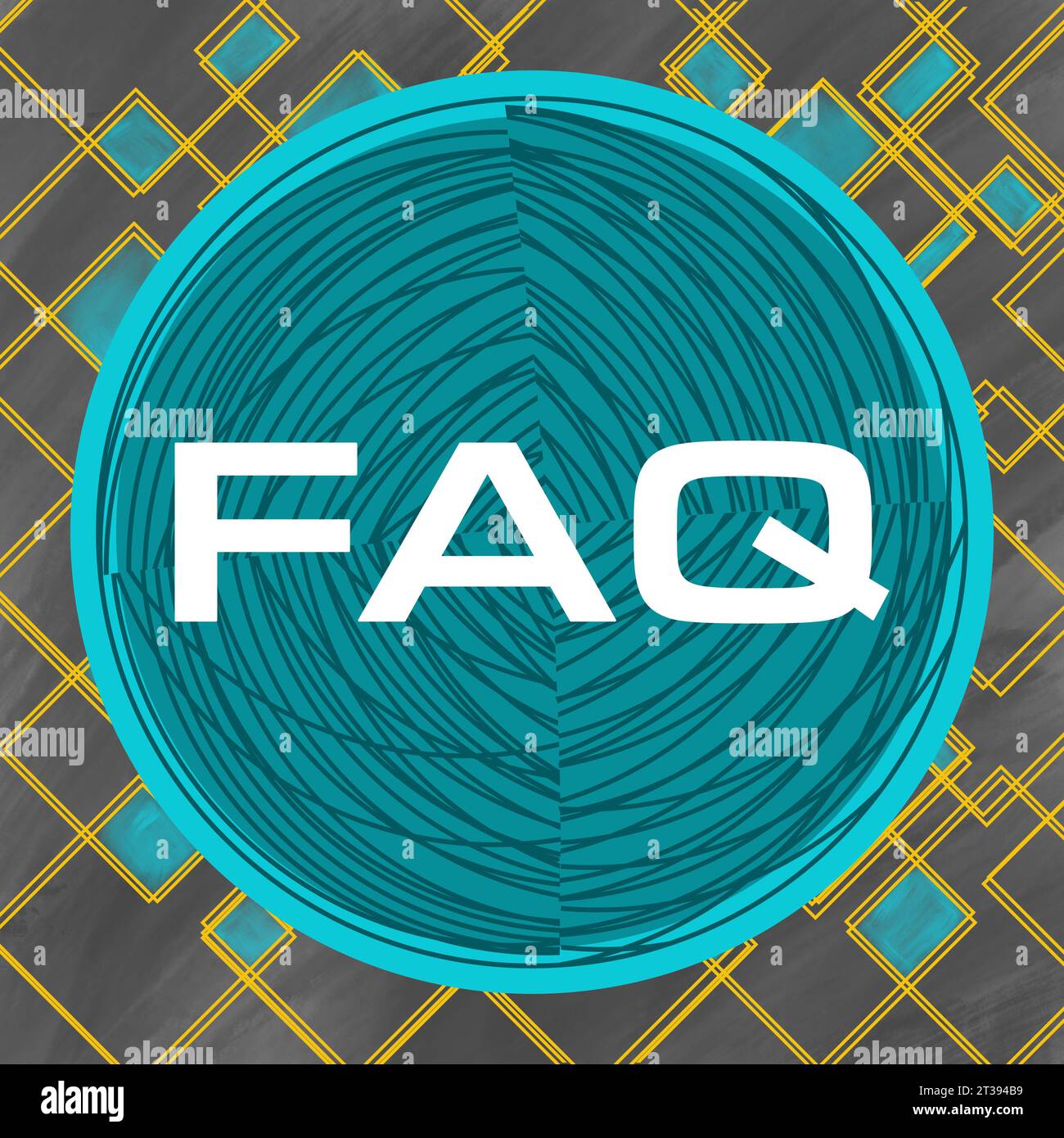 FAQ - Frequently Asked Questions Turquoise Dark Gold Squares Lines Grid Circular Text Stock Photo