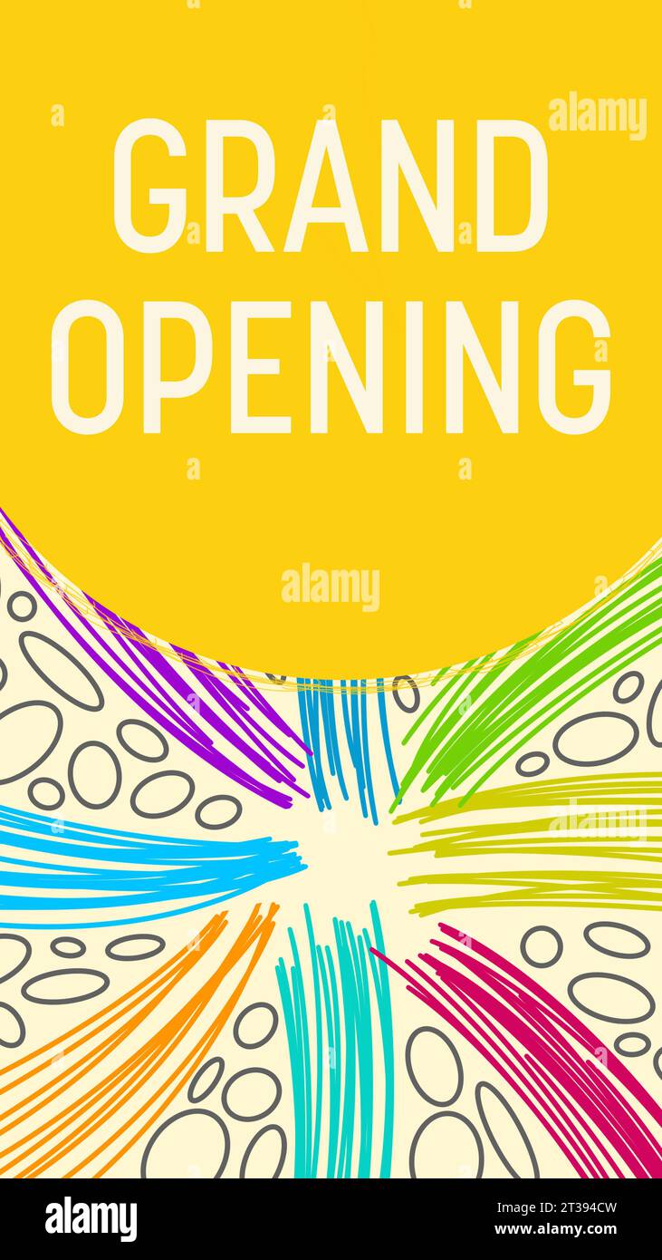 Grand Opening Yellow Colorful Lines Grey Dots Element Vertical Text Stock Photo