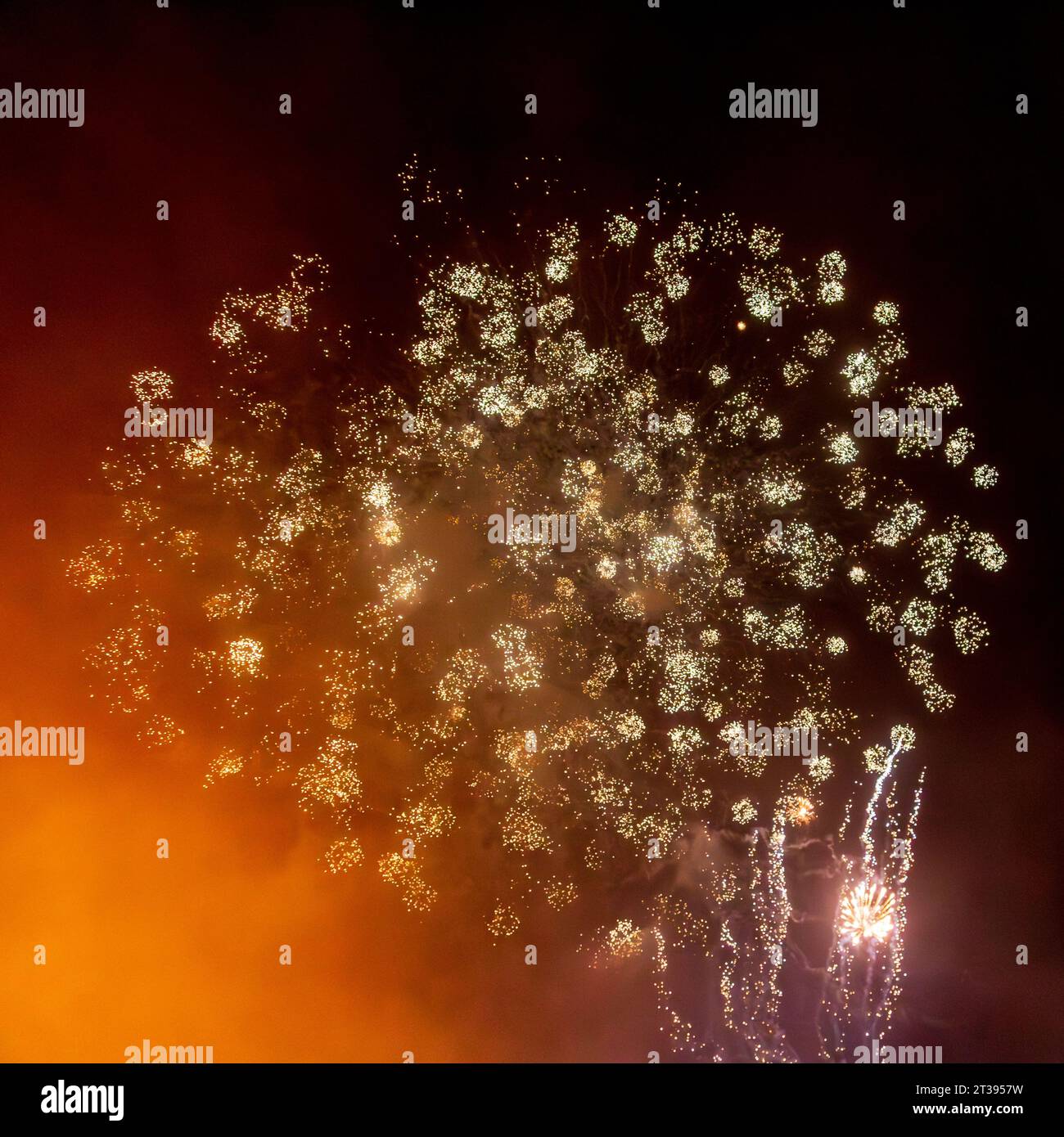 Looking up at exploding fireworks against a night sky Stock Photo
