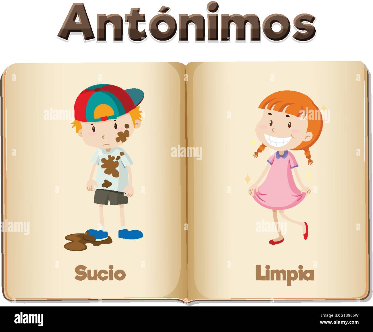 A vector cartoon illustration of antonyms in Spanish dirty and clean