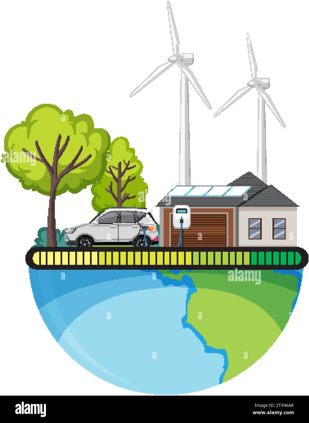 Illustration of Earth with renewable energy sources and electric car ...