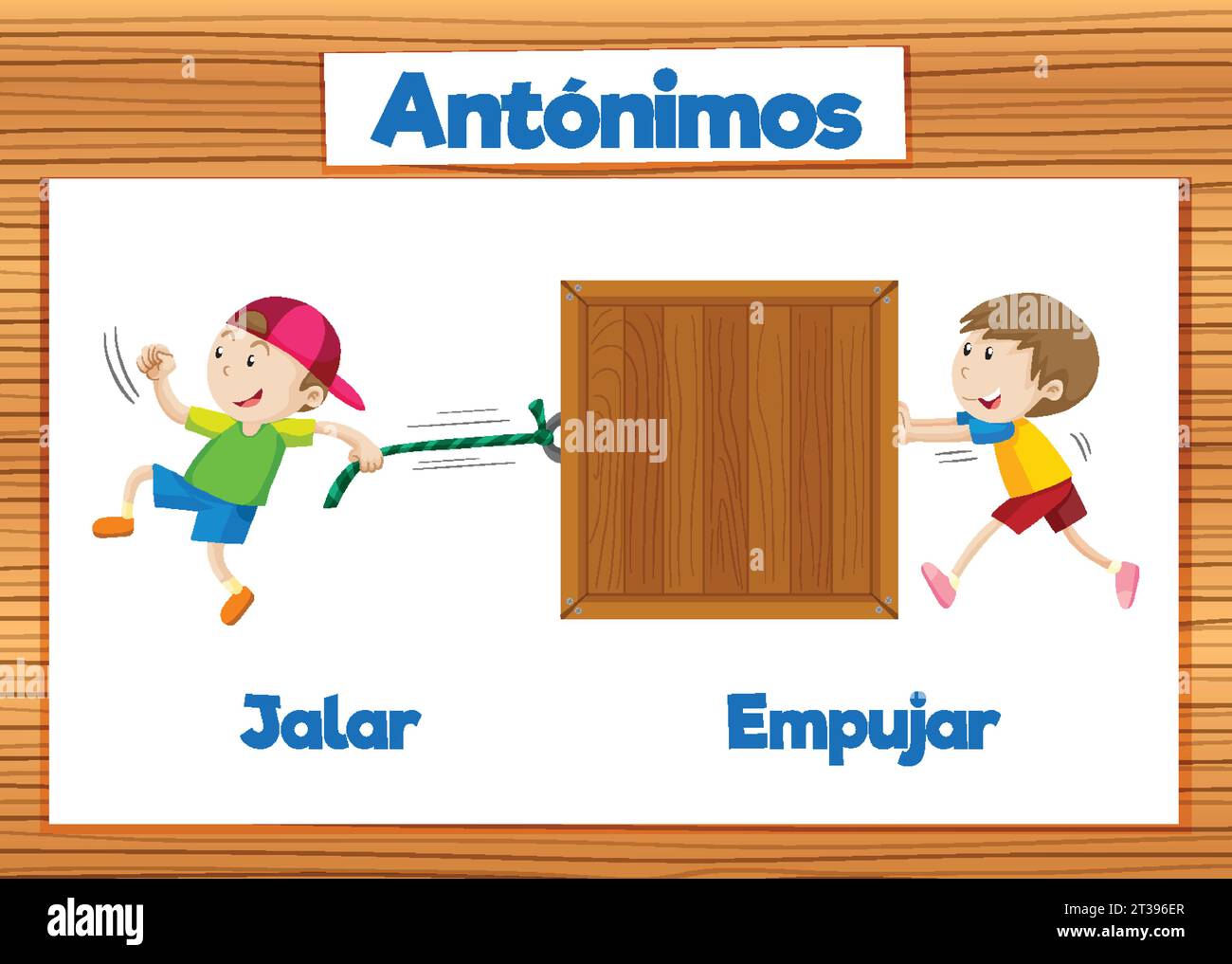Illustrated word card with antonyms in Spanish language means pull and