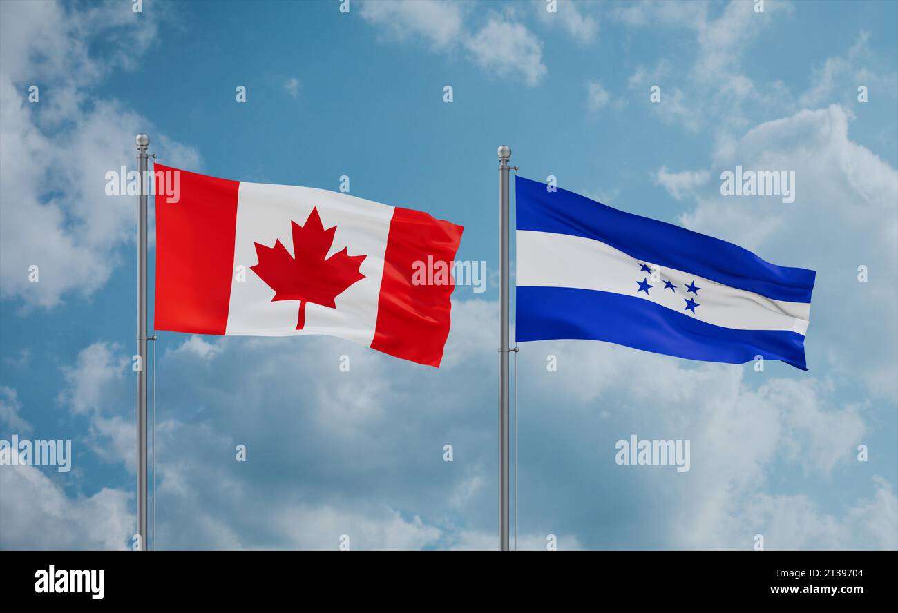 Honduras and Canada flags waving together in the wind on blue cloudy ...