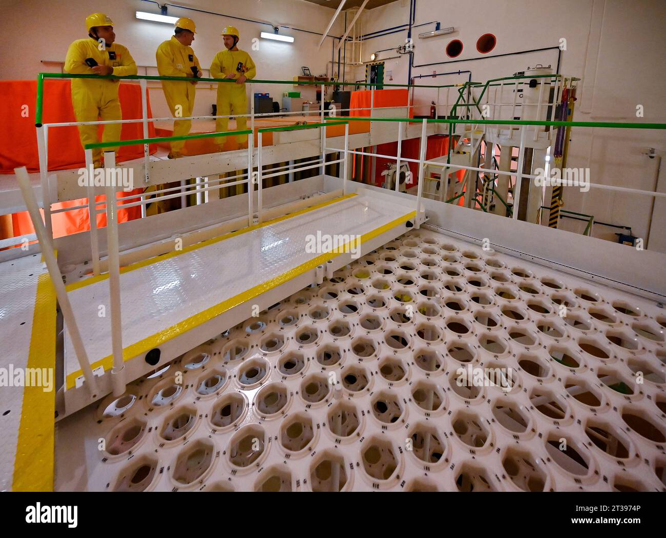 Fresh fuel storage with new generation PK3 fuel rods with the so-called open envelope, which will be loaded into the reactor for the first time during the Dukovany nuclear power plant's planned shutdown of unit 4, connected with fuel replacement and maintenance and scheduled to last until the end of the year, Dukovany, Trebic district, Vysocina Region, on the photo of October 23, 2023. This is the last outage at Dukovany this year. The remaining three units keep operating. In the foreground, the storage tanks for the new fuel cells. (CTK Photo/Lubos Pavlicek) Stock Photo