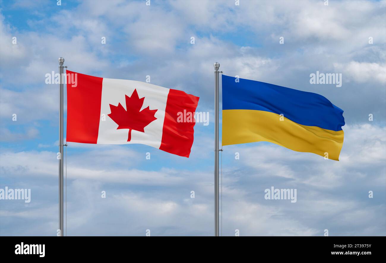 Ukraine and Canada flags waving together in the wind on blue cloudy sky ...