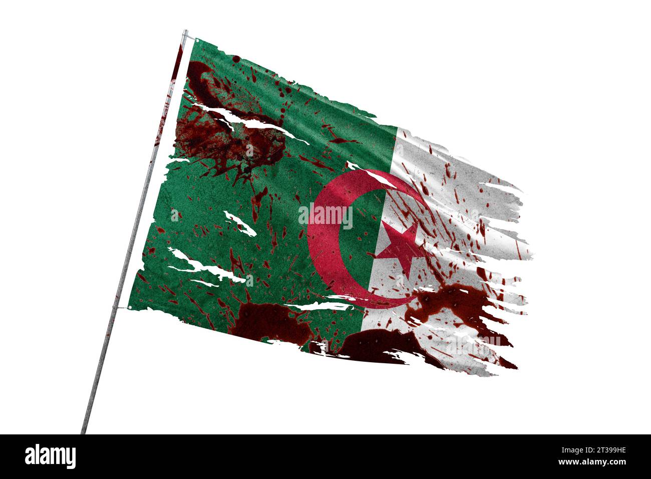 Algeria torn flag on transparent background with blood stains. Stock Photo