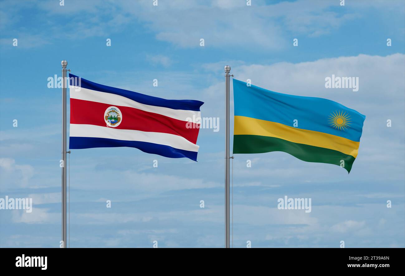 Republic of Rwanda and Costa Rico flags waving together in the wind on ...