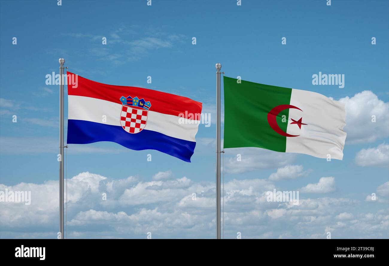 Croatia and Algeria flags waving together in the wind on blue cloudy ...