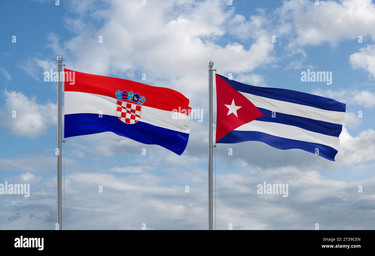 Cuba and Croatia flags waving together in the wind on blue cloudy sky, two country relationship concept Stock Photo