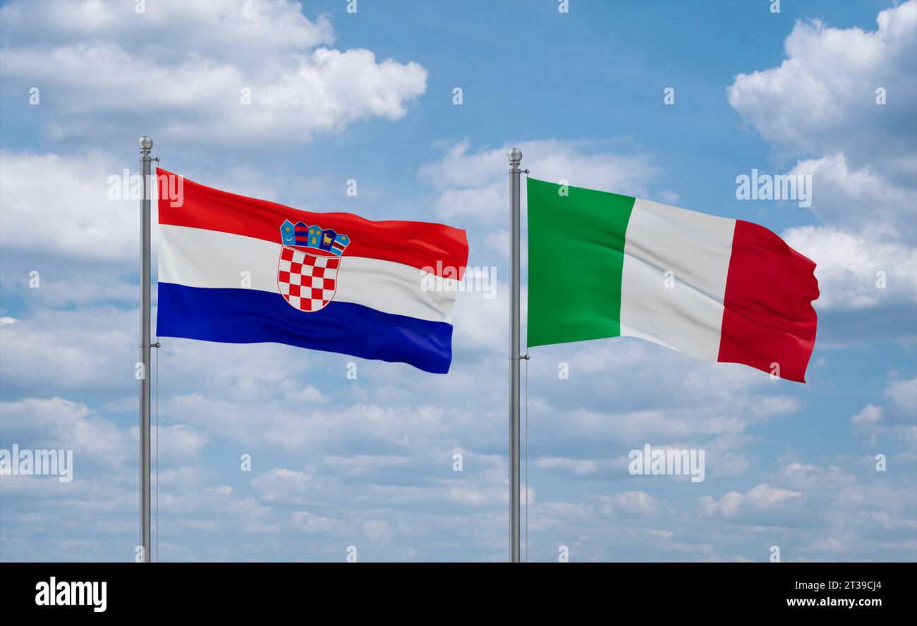 Italy and Croatia flags waving together in the wind on blue cloudy sky ...