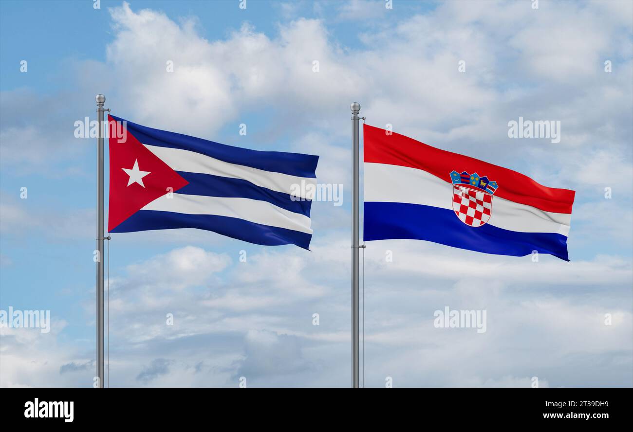 Croatia and Cuba flags waving together in the wind on blue cloudy sky, two country relationship concept Stock Photo