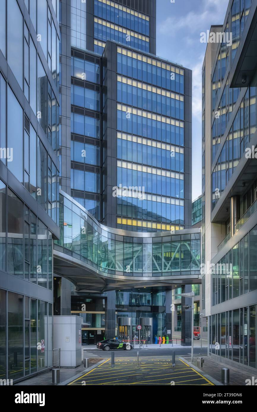 Dublin, Ireland, 10 Oct 2020 Main entrance to Dublin Google headquarters with colour branded flowerpots surrounded by modern buildings Stock Photo