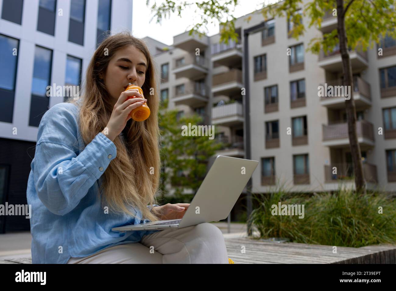 Young blond-haired student drinking orange juice and working in her laptop in urban place. Stock Photo