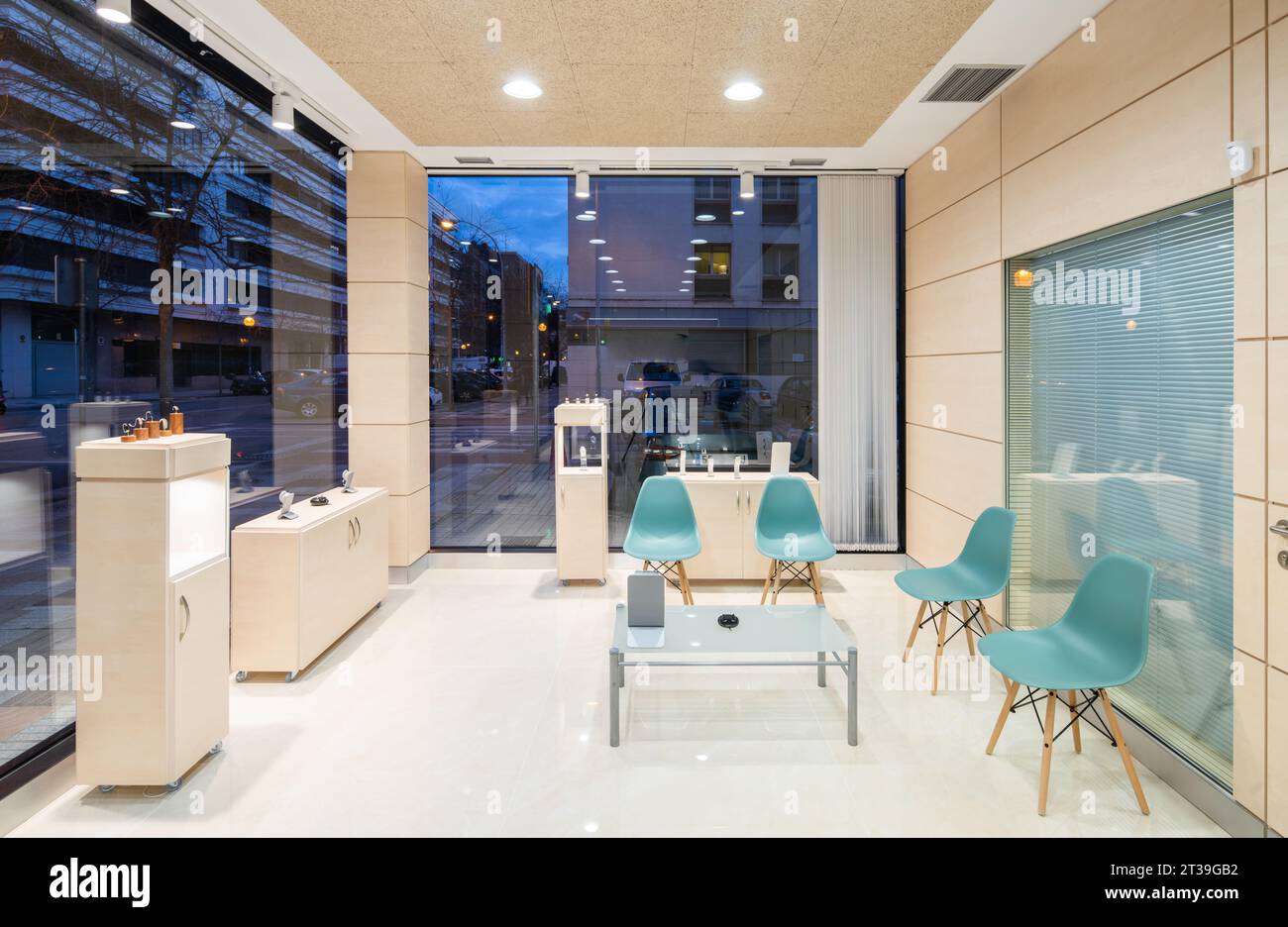Interior of a Hearing center with modern spaces, exhibitors and rest ...