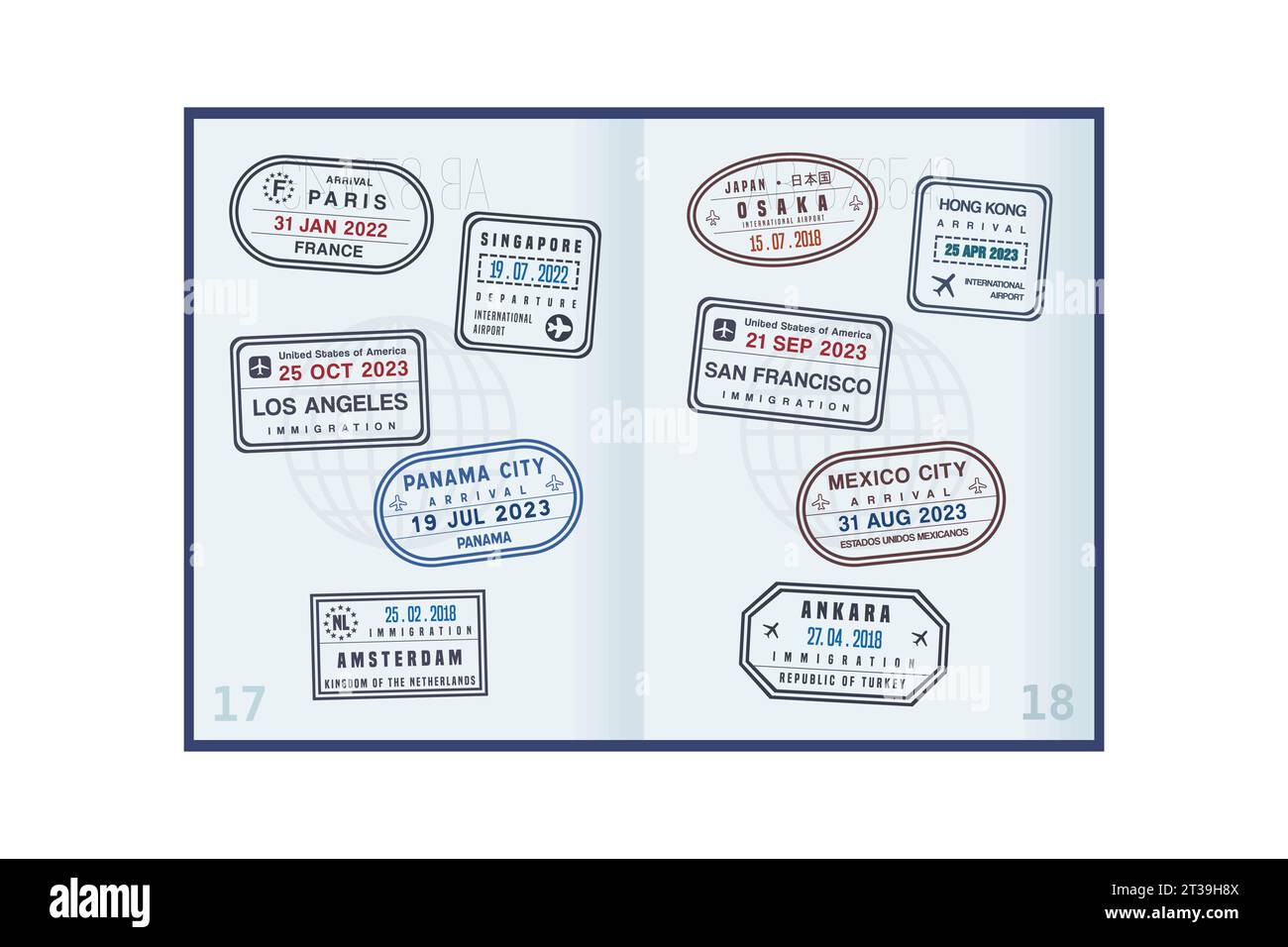 Many passport stamps on passport pages. World traveler concept