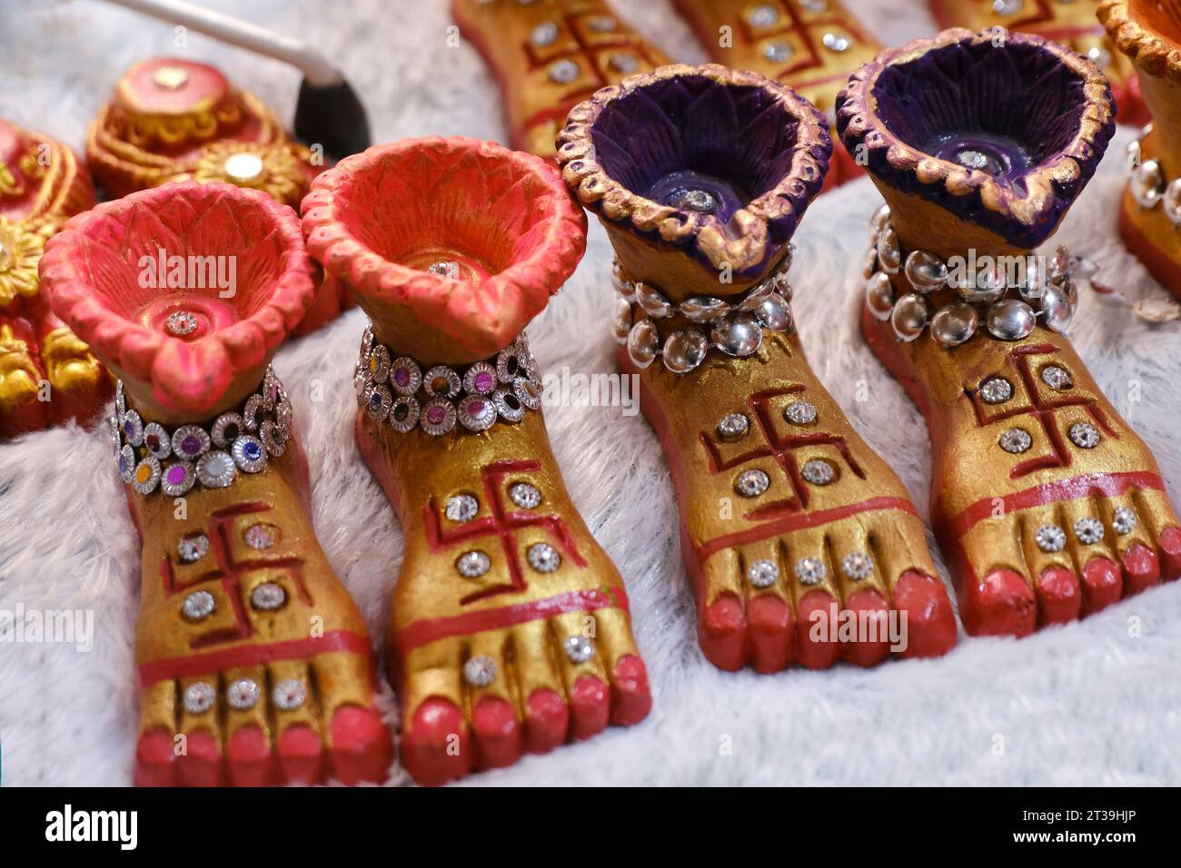 Clay lamp stall for festival celebration, Terracotta diyas or oil lamps for Diwali for sale at a market in India. Stock Photo