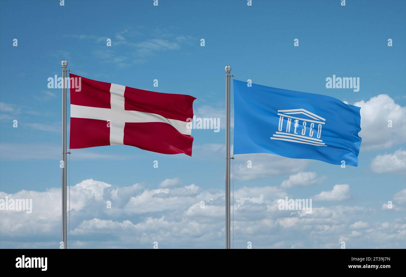 UNESCO and Denmark flags waving together in the wind on blue cloudy sky ...