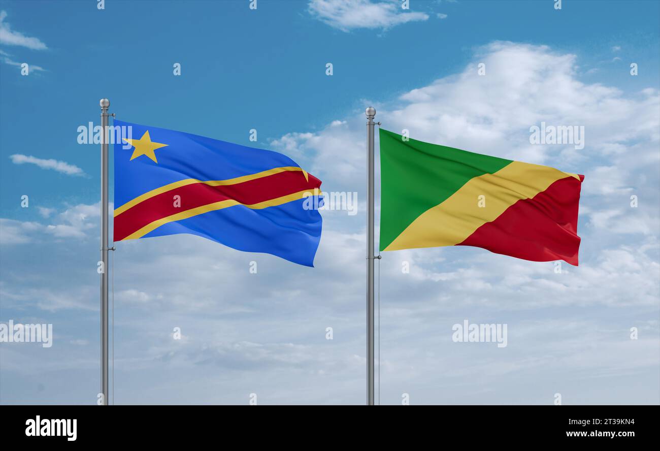 Republic of the Congo or Congo-Brazzaville and Congo or Congo-Kinshasa flags waving together in the wind on blue cloudy sky, two country relationship Stock Photo