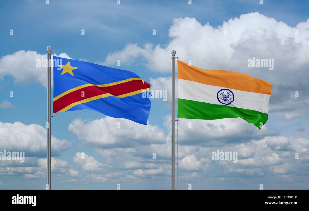 India and Congo or CongoKinshasa flags waving together on blue cloudy