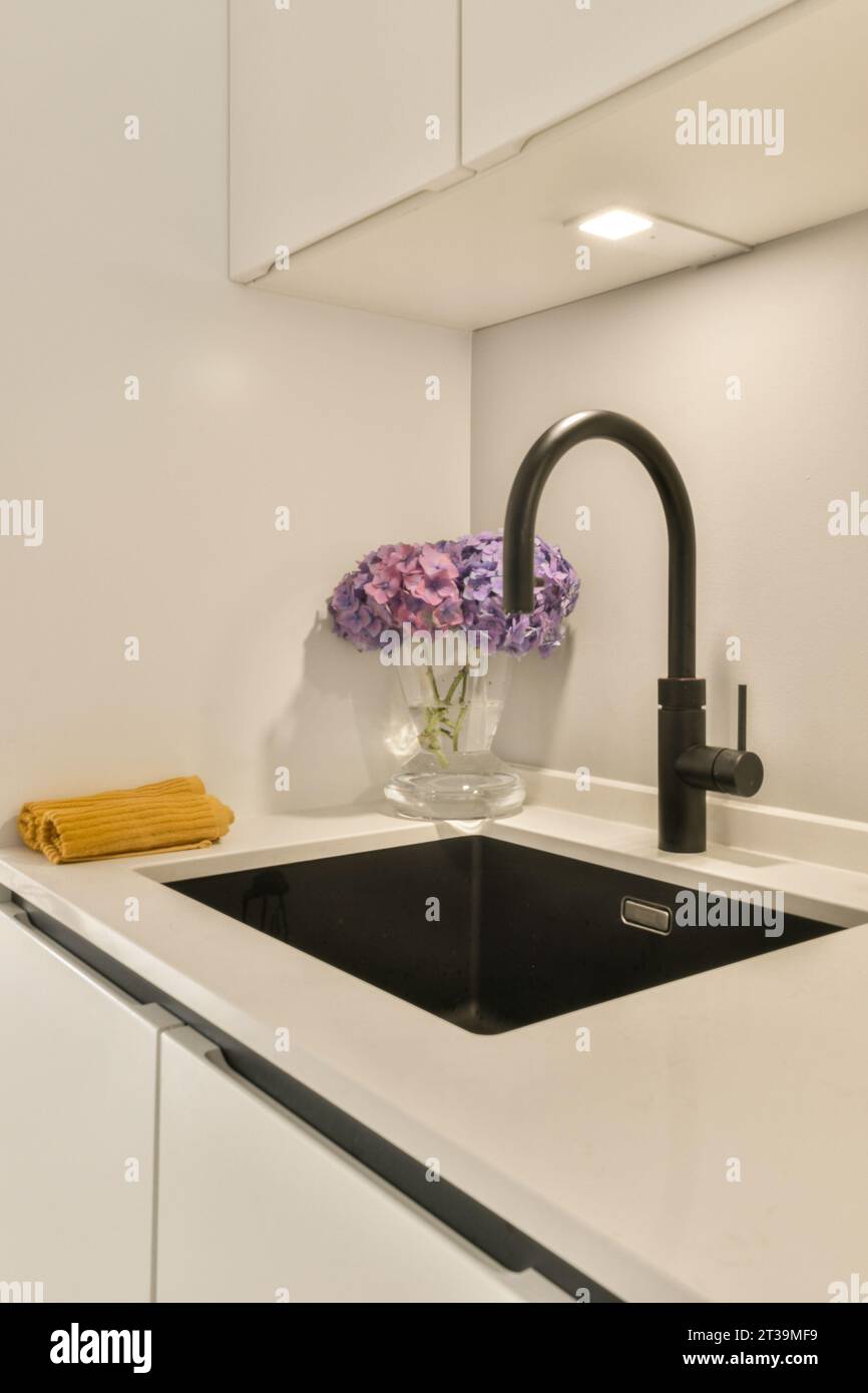 a kitchen sink with flowers in a glass vase on the countertop and black fauced fae over it Stock Photo