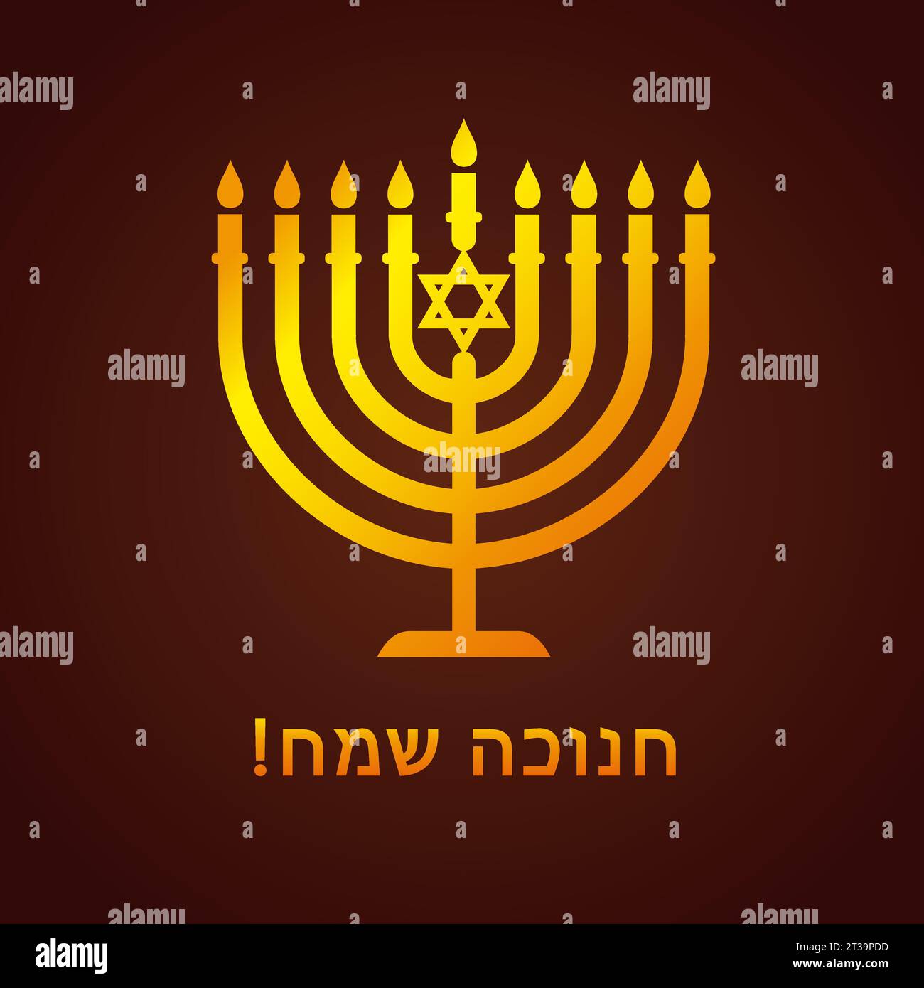 Golden menorah with magen David and Happy Hanukkah text in hebrew. Jewish festival of lights with menora candle icon. Vector illustration Stock Vector