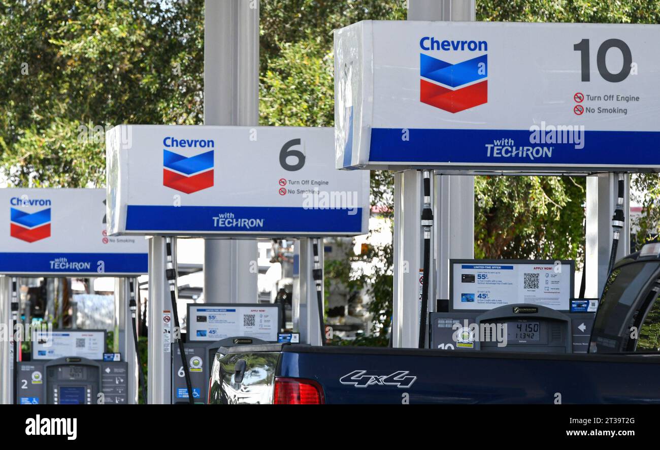 Orlando, United States. 23rd Oct, 2023. Gas pumps are seen at a Chevron gas station in Orlando