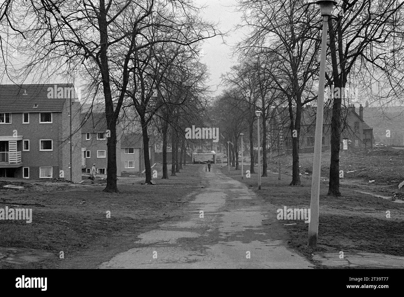 Tree lined Robin Hood Chase with new builds left & the Chase Mission right, during the slum clearance and demolition of St Ann's, Nottingham. 1969-72 Stock Photo
