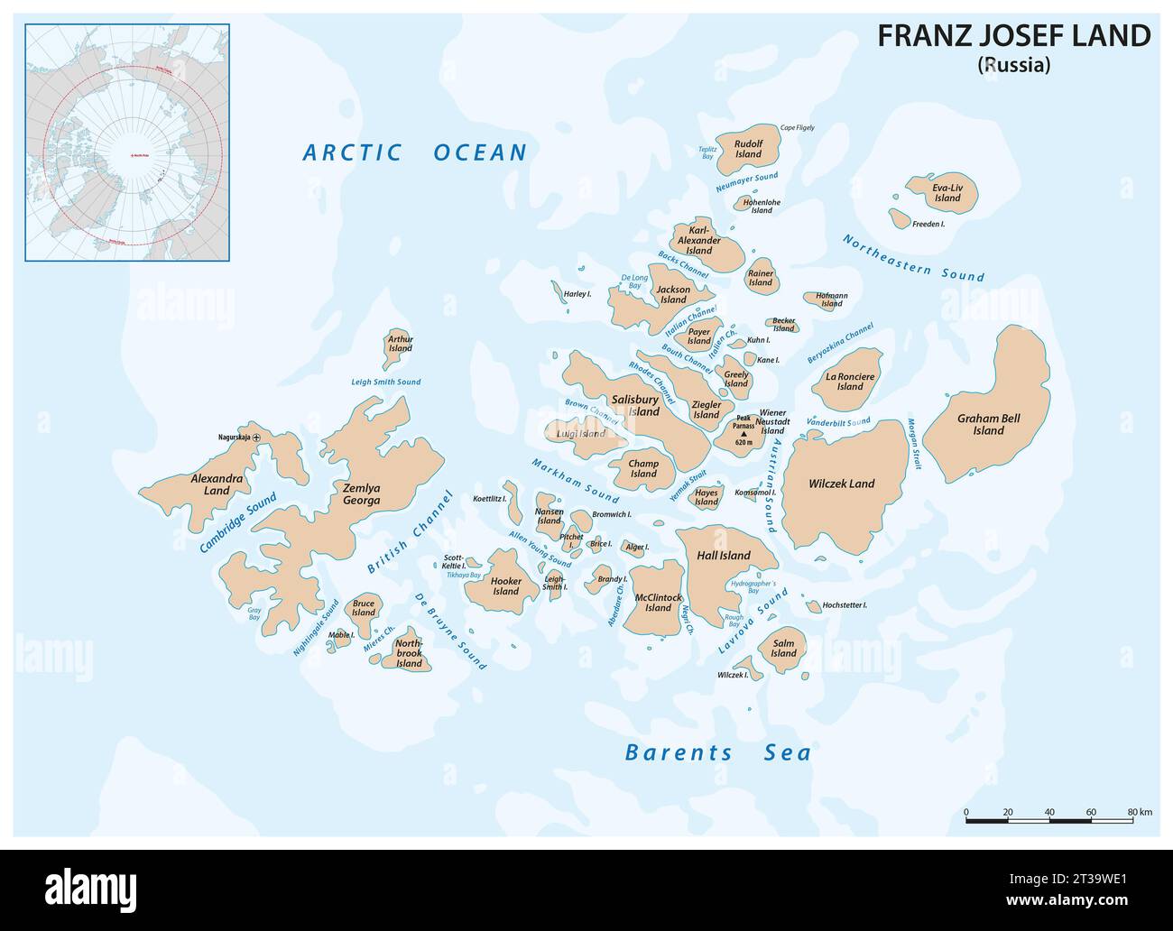 Map of the Russian archipelago Franz Josef Land Stock Photo