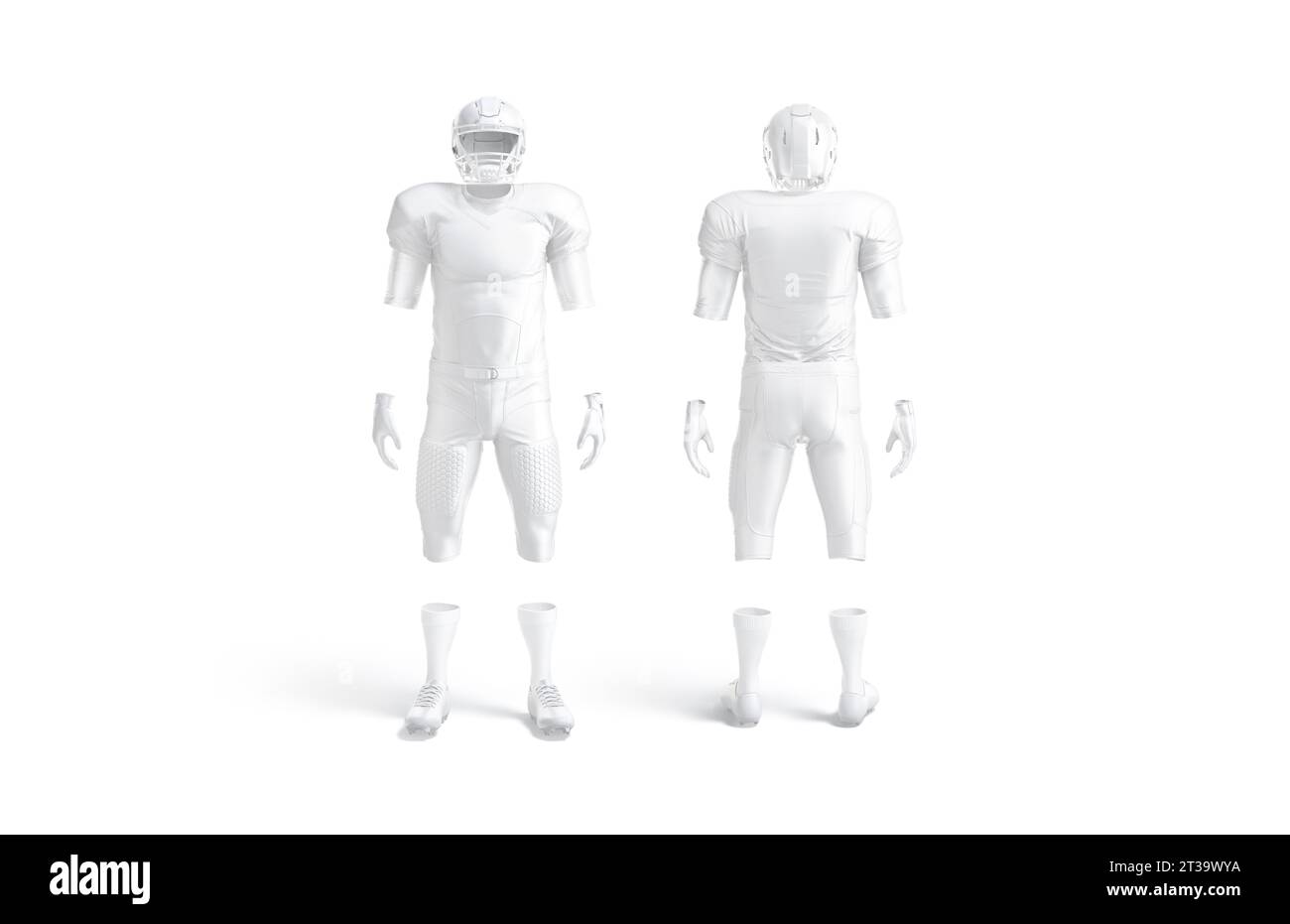 Blank white american football uniform mockup, front and back view, 3d rendering. Empty armour shirt, helmet, shorts, sneakers for rugby player mock up Stock Photo