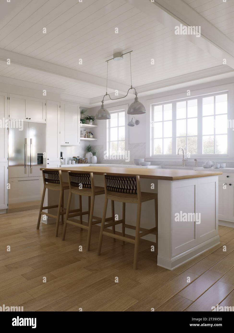 White Ushaped kitchen with windows, kitchen appliances and utensils